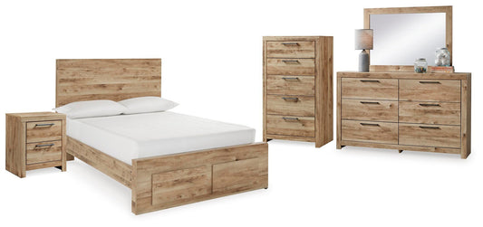 Cama Hyanna de una plaza con almacenaje, tocador con espejo, cómoda y mesita de noche.