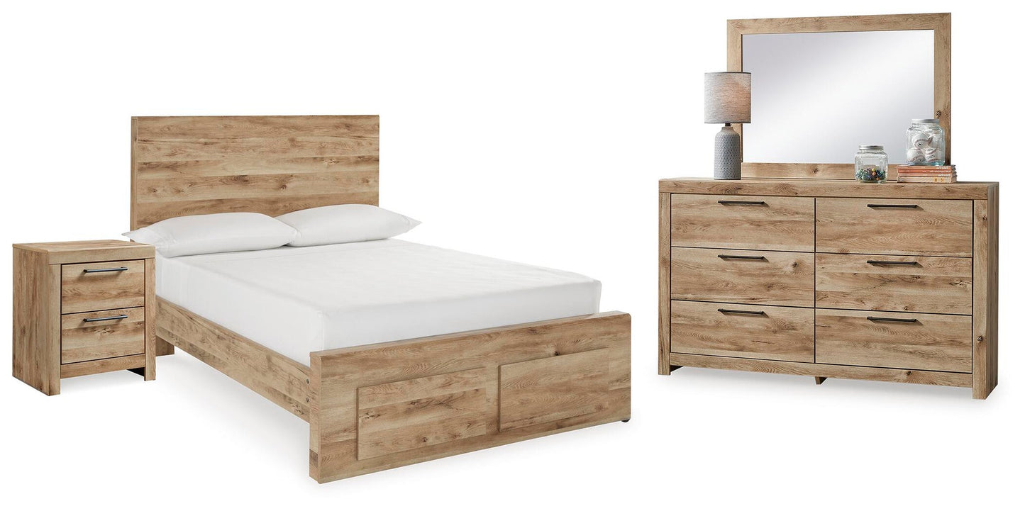 Cama Hyanna de una plaza con almacenaje, tocador con espejo y mesita de noche.