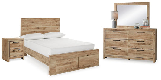 Cama Hyanna de una plaza con almacenaje, tocador con espejo y mesita de noche.
