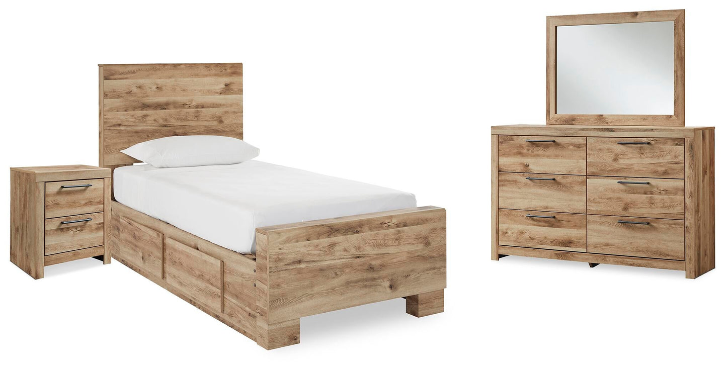 Cama individual Hyanna con almacenaje, tocador con espejo y mesita de noche.