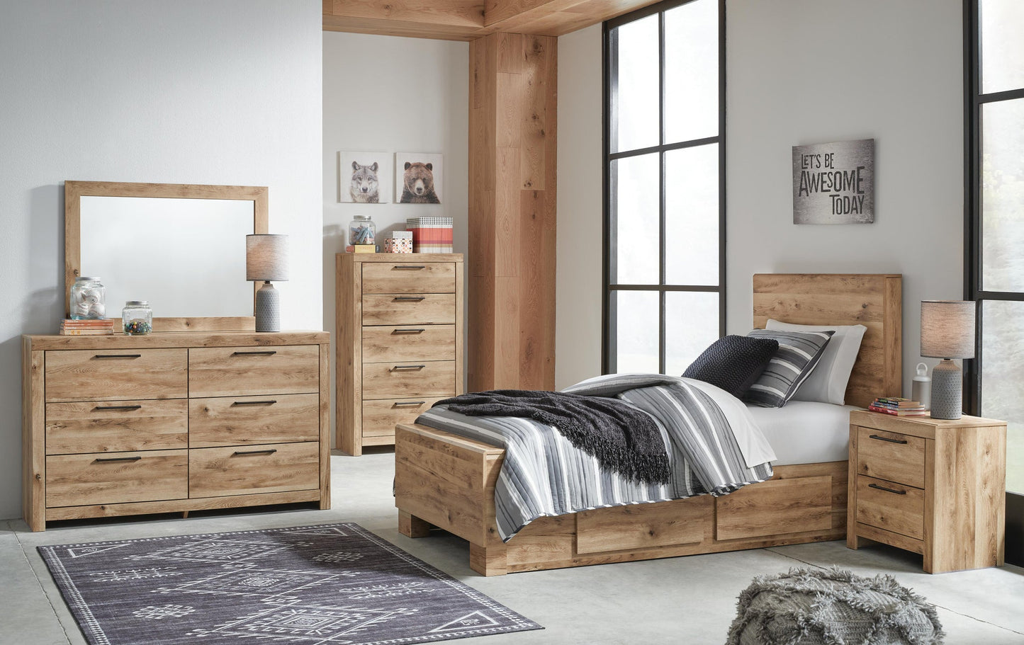 Cama individual Hyanna con almacenaje, tocador con espejo y mesita de noche.