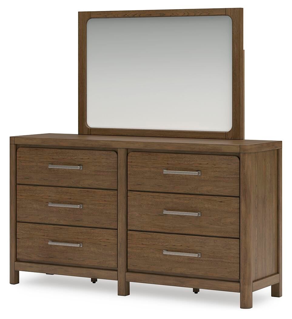 Cama Caballynn tamaño King con cabecero y almacenaje, tocador con espejo, cómoda y mesita de noche.