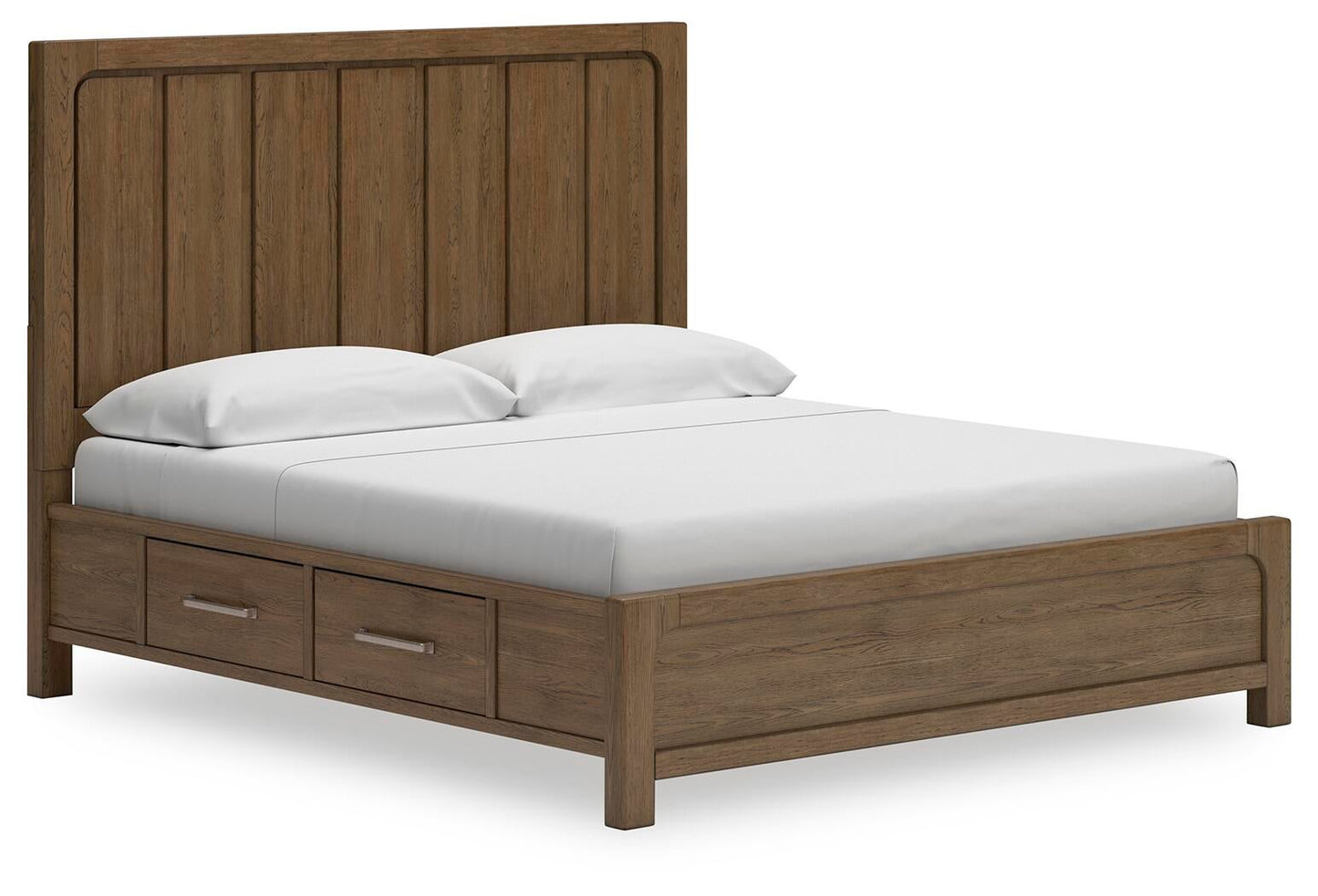 Cama Caballynn tamaño King con cabecero y almacenaje, tocador con espejo, cómoda y mesita de noche.