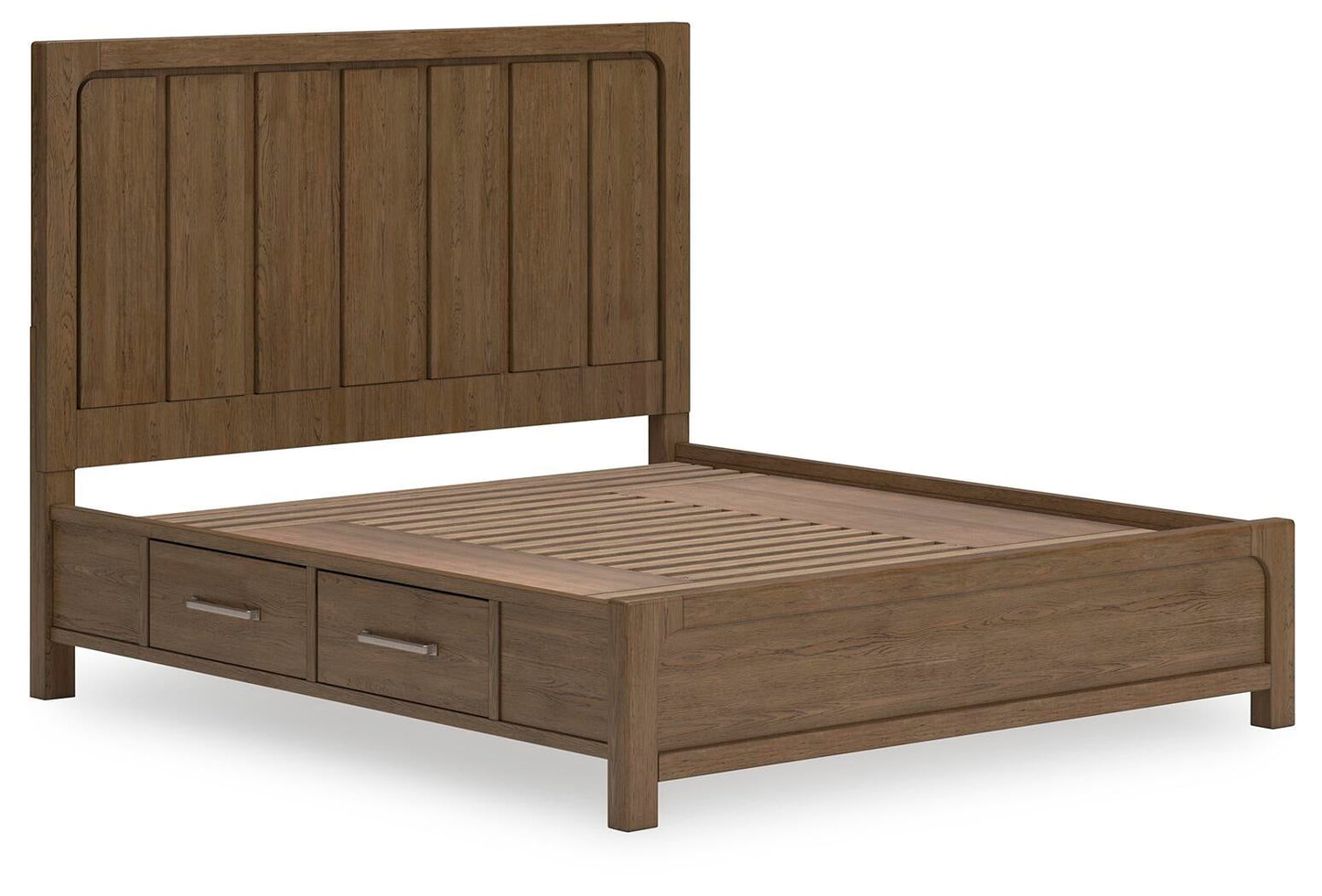 Cama Caballynn tamaño King con cabecero y almacenaje, tocador con espejo, cómoda y mesita de noche.