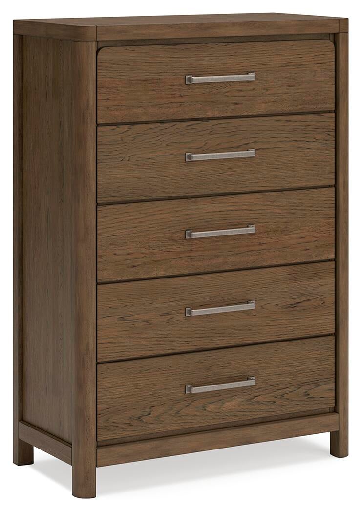 Cama Caballynn tamaño King con cabecero y almacenaje, tocador con espejo, cómoda y mesita de noche.