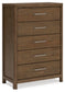Cama Caballynn tamaño King con cabecero y almacenaje, tocador con espejo, cómoda y mesita de noche.