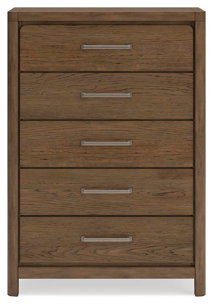 Cama Caballynn tamaño King con cabecero y almacenaje, tocador con espejo, cómoda y mesita de noche.