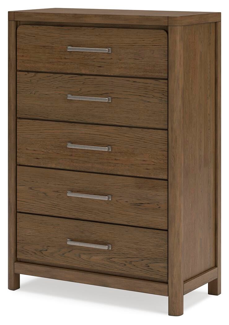 Cama Caballynn tamaño King con cabecero y almacenaje, tocador con espejo, cómoda y mesita de noche.