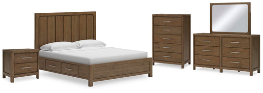 Cama Caballynn tamaño King con cabecero y almacenaje, tocador con espejo, cómoda y mesita de noche.