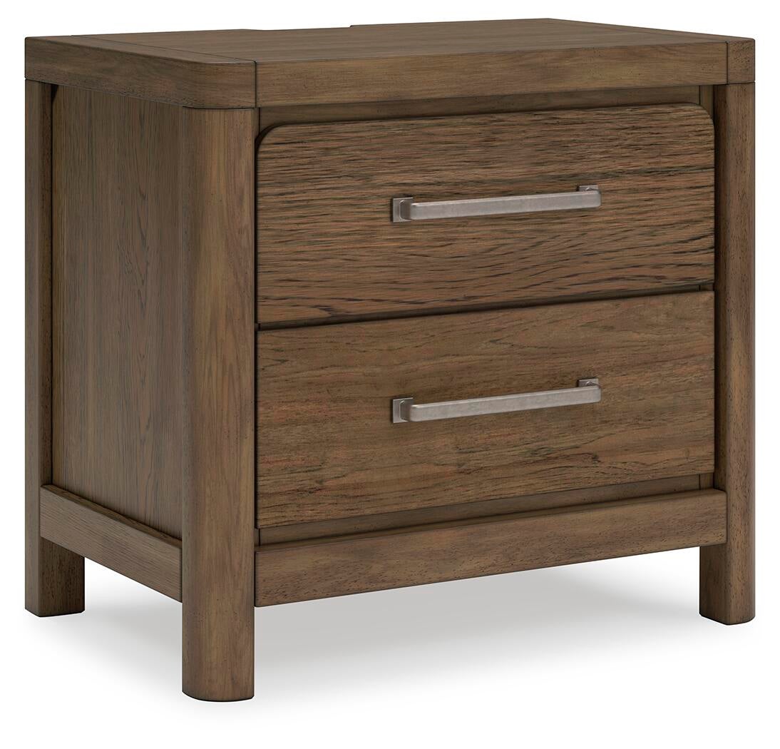 Cama Caballynn tamaño King con cabecero y almacenaje, tocador con espejo, cómoda y mesita de noche.