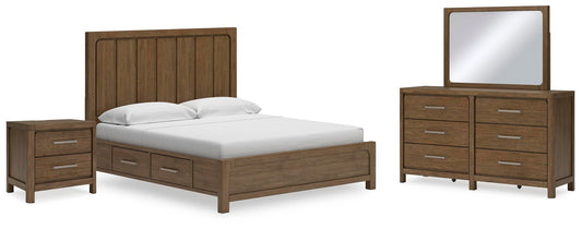 Cama Cabalynn California King con cabecero, almacenaje, tocador con espejo y mesita de noche.