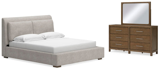 Cama tapizada Cabalynn tamaño California King con tocador con espejo