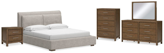 Cama tapizada Cabalynn tamaño King con tocador con espejo, cómoda y mesita de noche