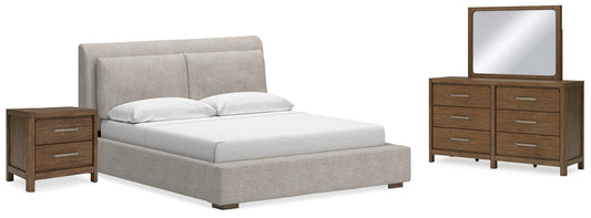Cama tapizada Cabalynn tamaño King con tocador con espejo y mesita de noche