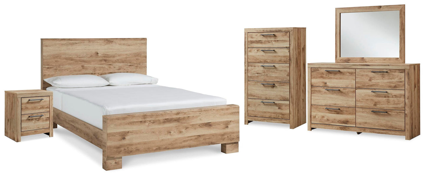Cama Hyanna King con cabecero, tocador con espejo, cómoda y mesita de noche