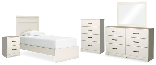 Cama individual Stelsie con tocador con espejo, cómoda y mesita de noche