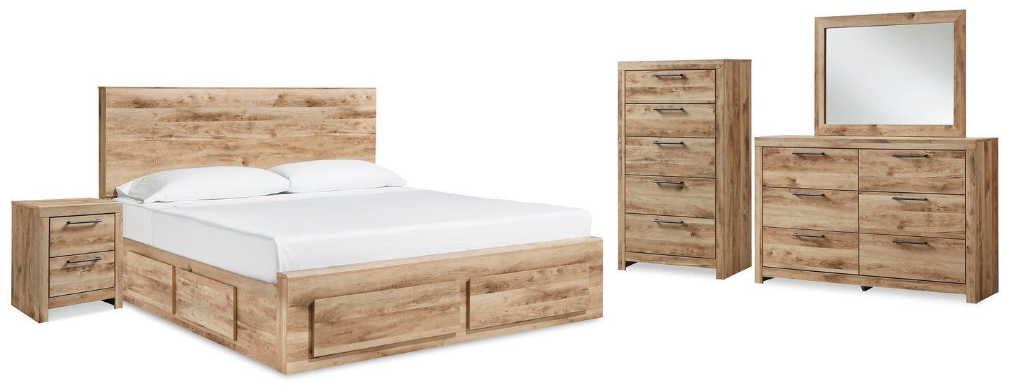 Cama Hyanna Queen con cabecero, tocador con espejo, cómoda y mesita de noche.