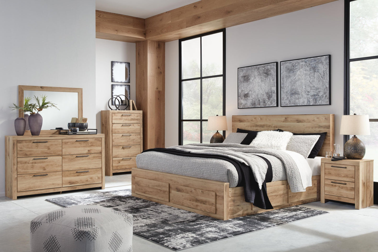 Cama Hyanna Queen con cabecero, tocador con espejo, cómoda y mesita de noche.