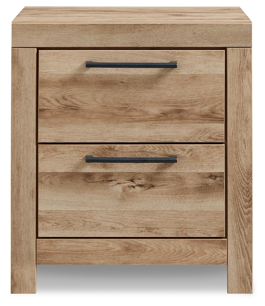 Cama Hyanna Queen con cabecero, tocador con espejo, cómoda y mesita de noche.