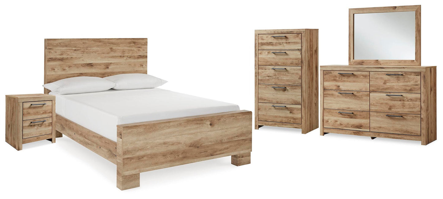 Cama Hyanna de tamaño completo con tocador con espejo, cómoda y mesita de noche