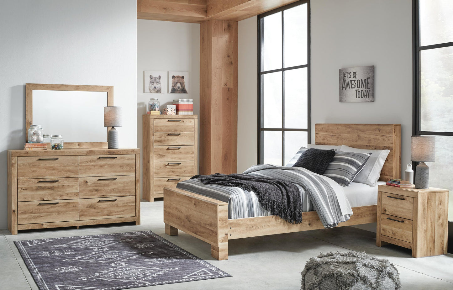 Cama Hyanna de tamaño completo con tocador con espejo, cómoda y mesita de noche