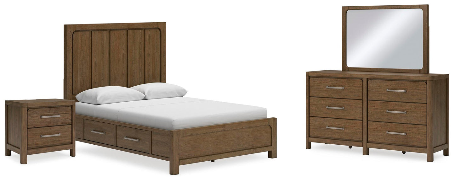 Cama Caballynn tamaño Queen con cabecero, almacenamiento, tocador con espejo y mesita de noche.