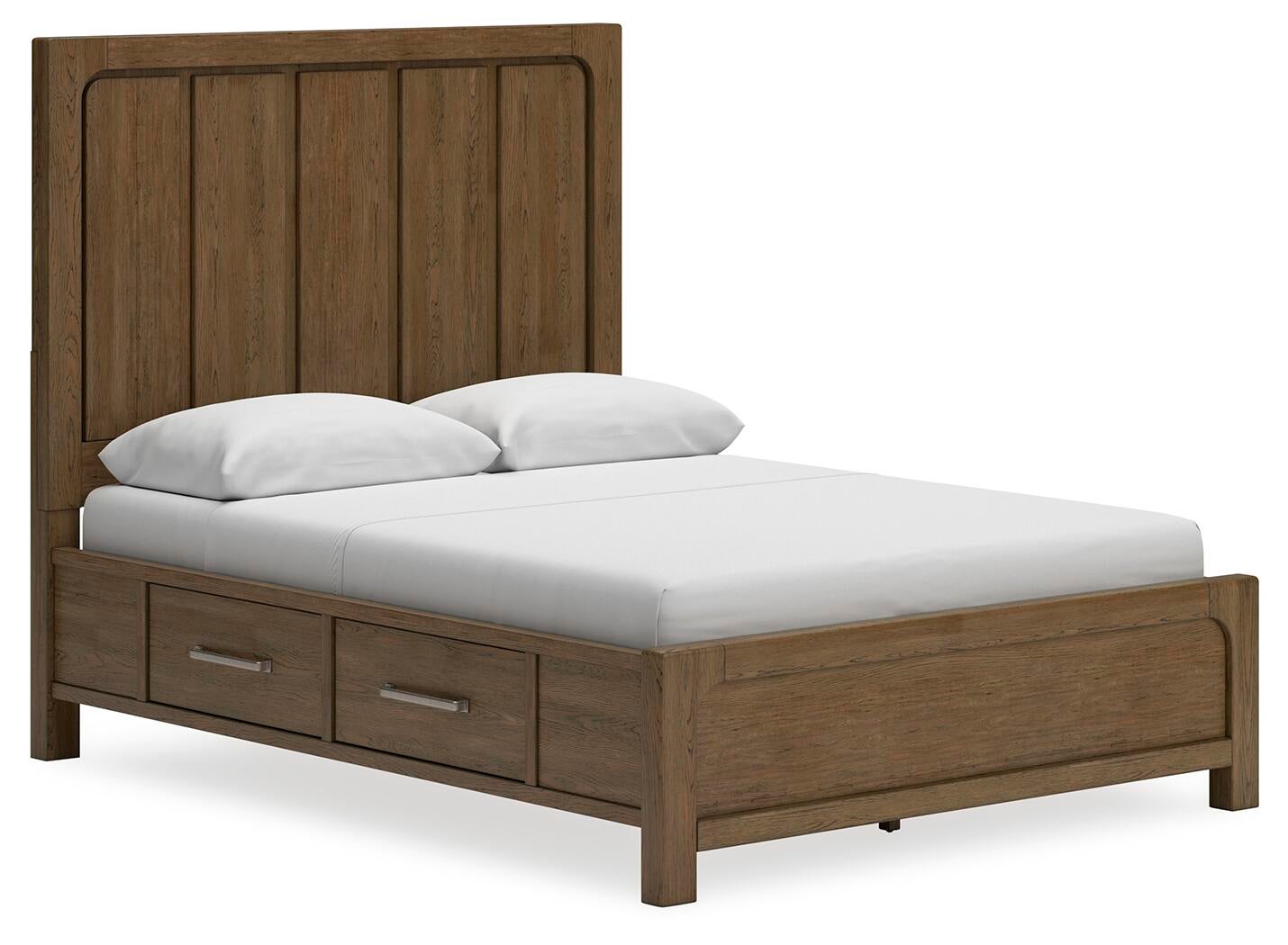Cama Caballynn tamaño Queen con cabecero, almacenamiento, tocador con espejo y mesita de noche.