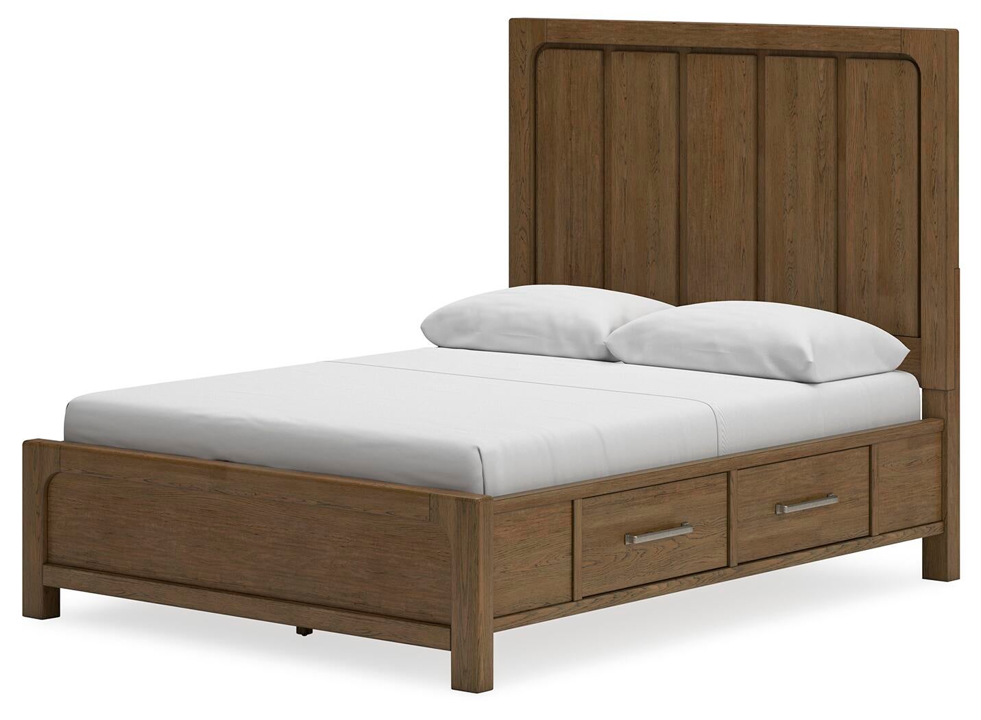Cama Caballynn tamaño Queen con cabecero, almacenamiento, tocador con espejo y mesita de noche.