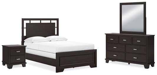 Cama Covetown de dos camas con cabecero, tocador con espejo y mesita de noche.