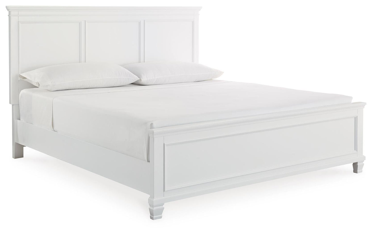 Cama Fortman tamaño king con cabecero, tocador con espejo, cómoda y mesita de noche