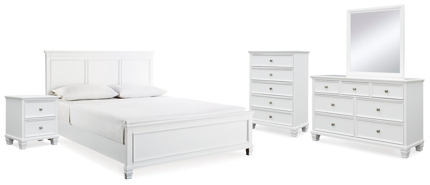 Cama Fortman tamaño king con cabecero, tocador con espejo, cómoda y mesita de noche