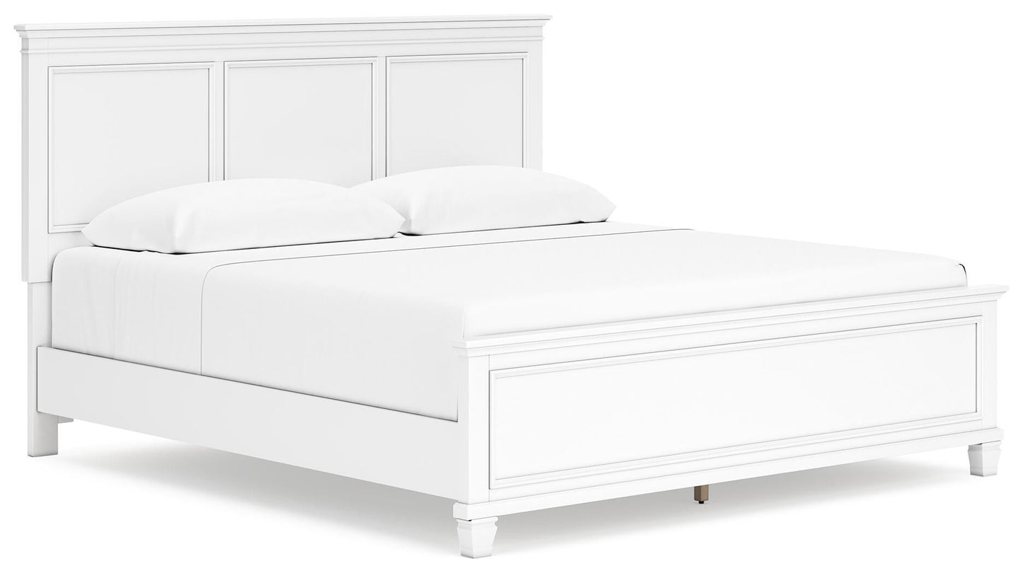 Cama Fortman tamaño king con cabecero, tocador con espejo, cómoda y mesita de noche