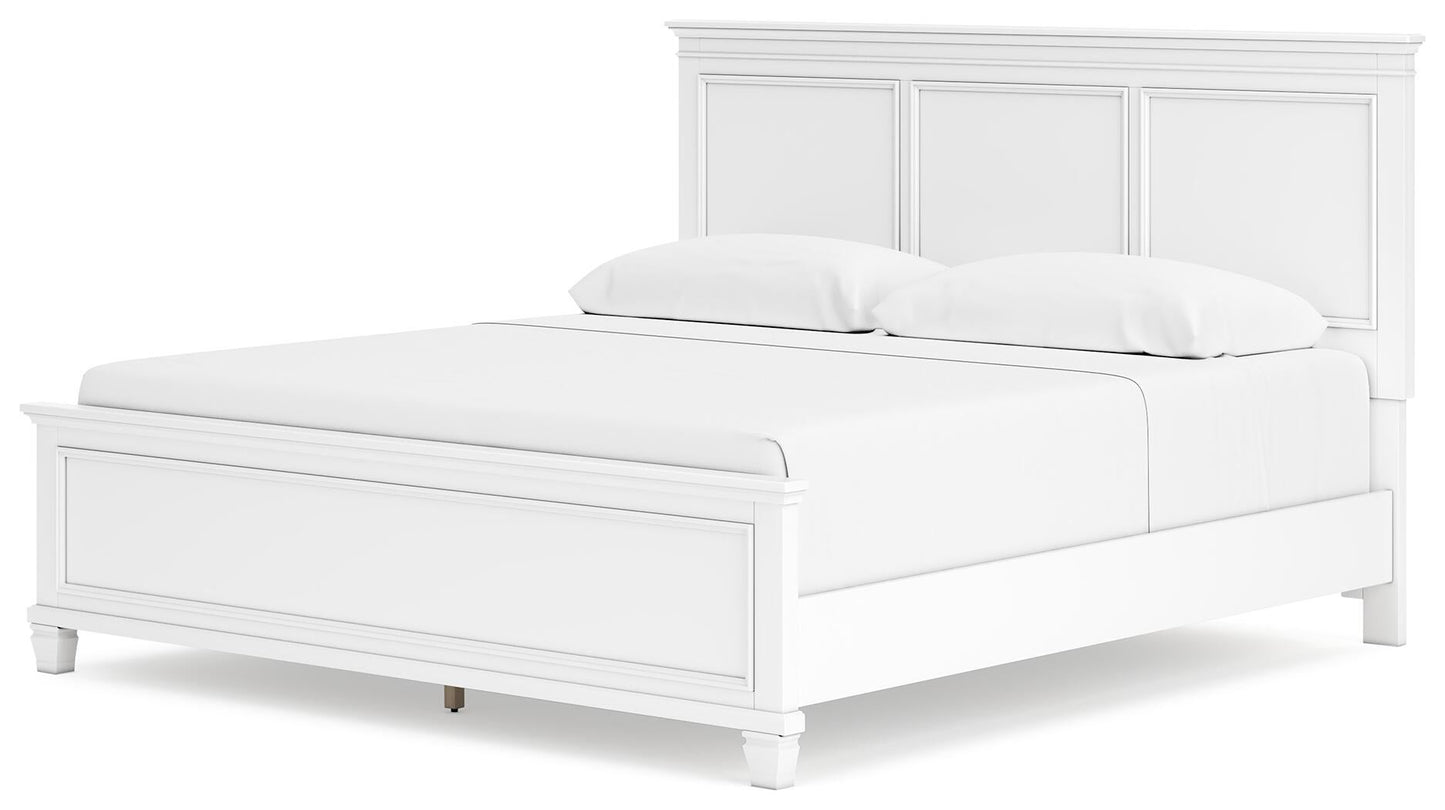 Cama Fortman tamaño king con cabecero, tocador con espejo, cómoda y mesita de noche