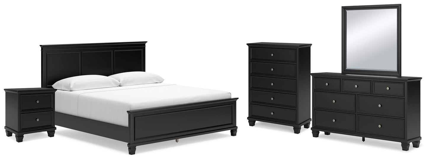 Cama Lanolee tamaño King con cabecero, tocador con espejo, cómoda y mesita de noche