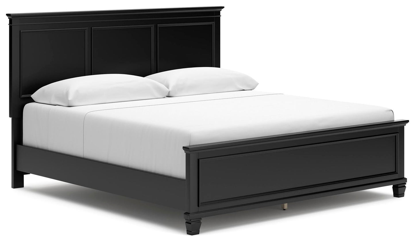 Cama Lanolee tamaño King con cabecero, tocador con espejo, cómoda y mesita de noche