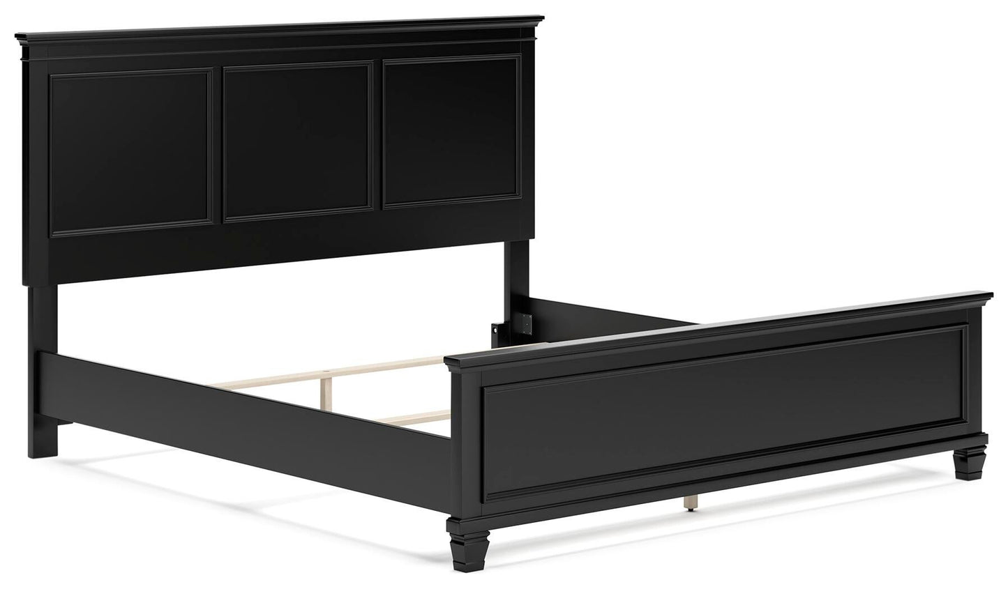 Cama Lanolee tamaño King con cabecero, tocador con espejo, cómoda y mesita de noche