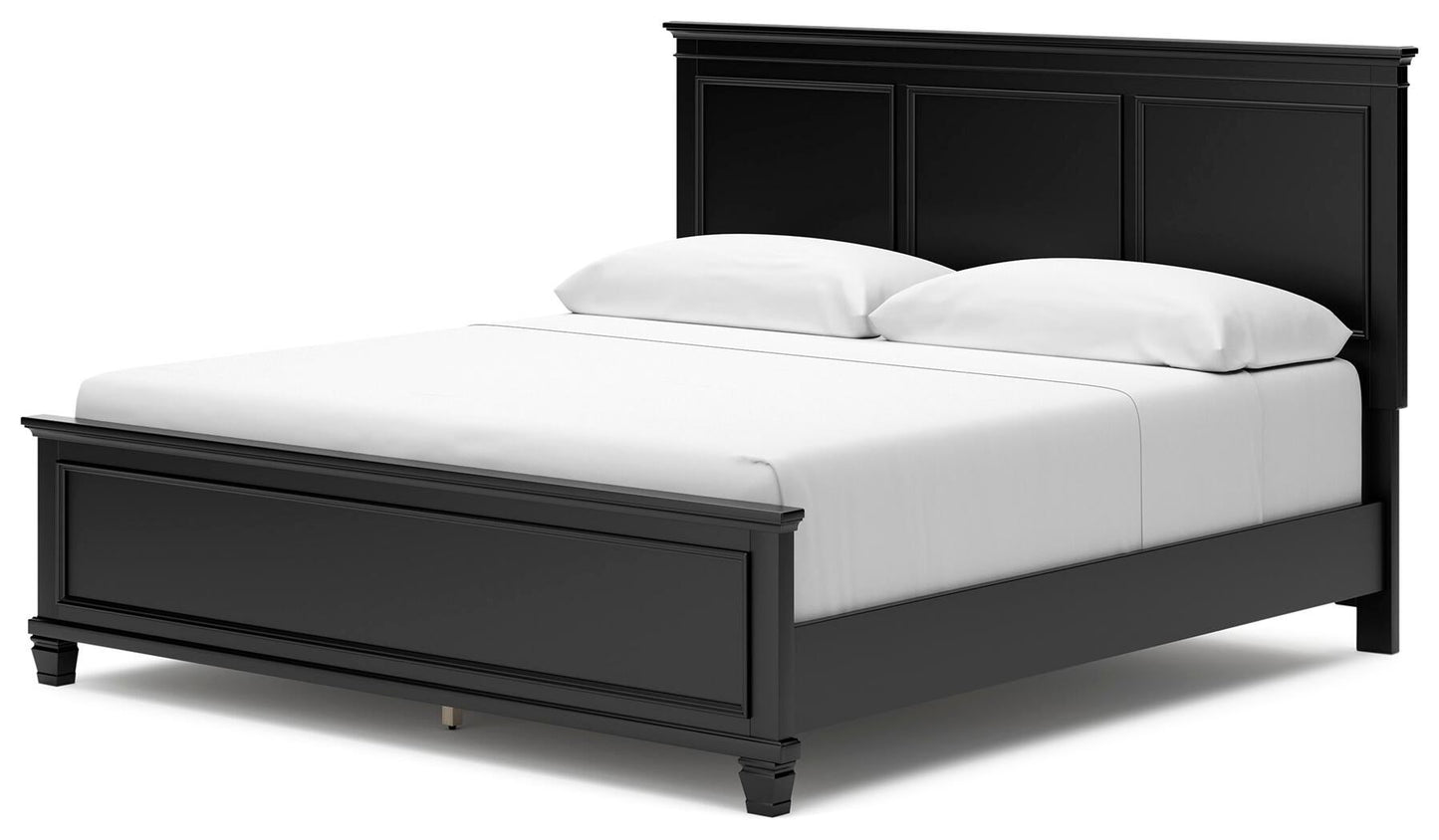Cama Lanolee tamaño King con cabecero, tocador con espejo, cómoda y mesita de noche