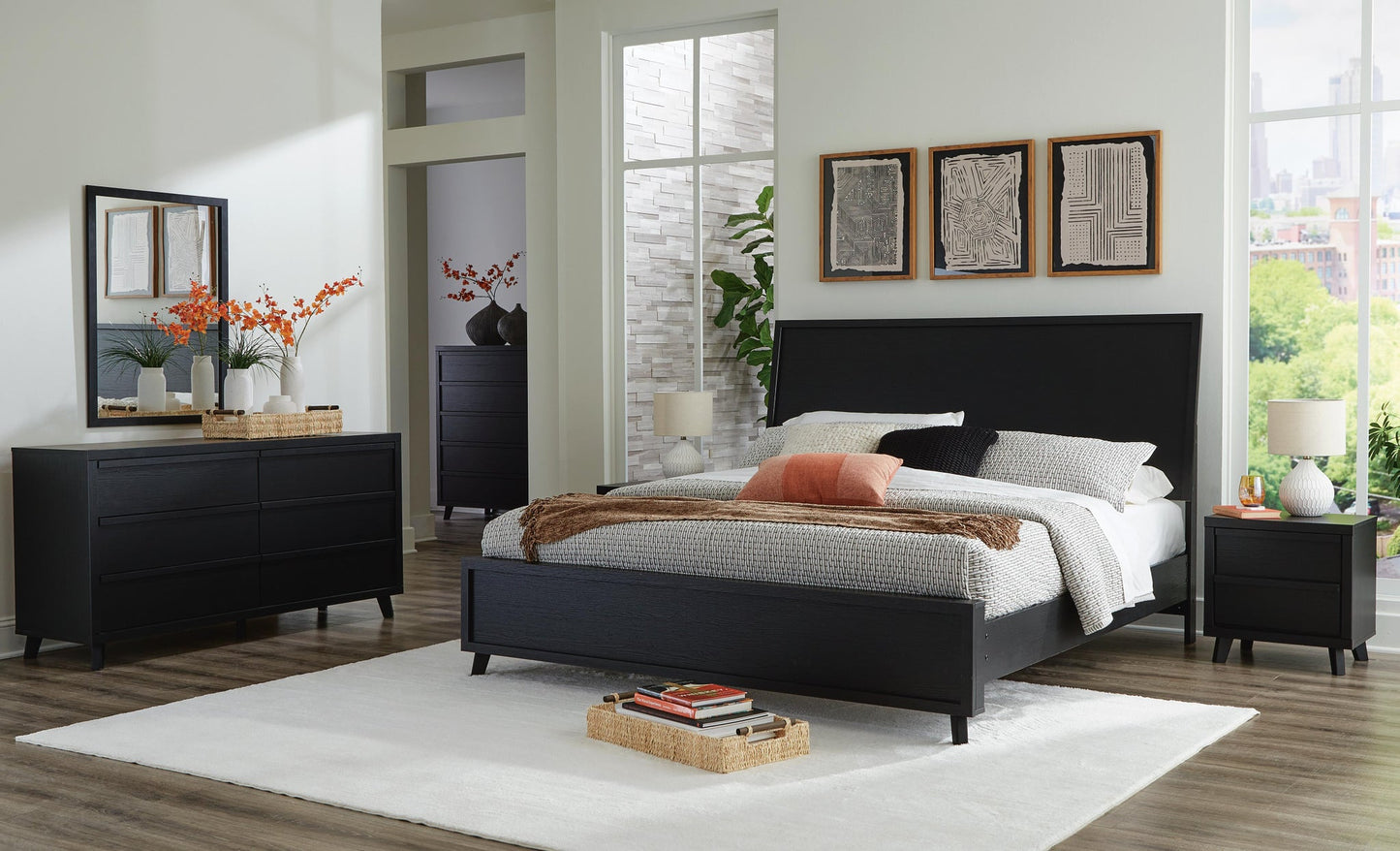 Cama Danziar tamaño king con cabecero, tocador con espejo, cómoda y mesita de noche