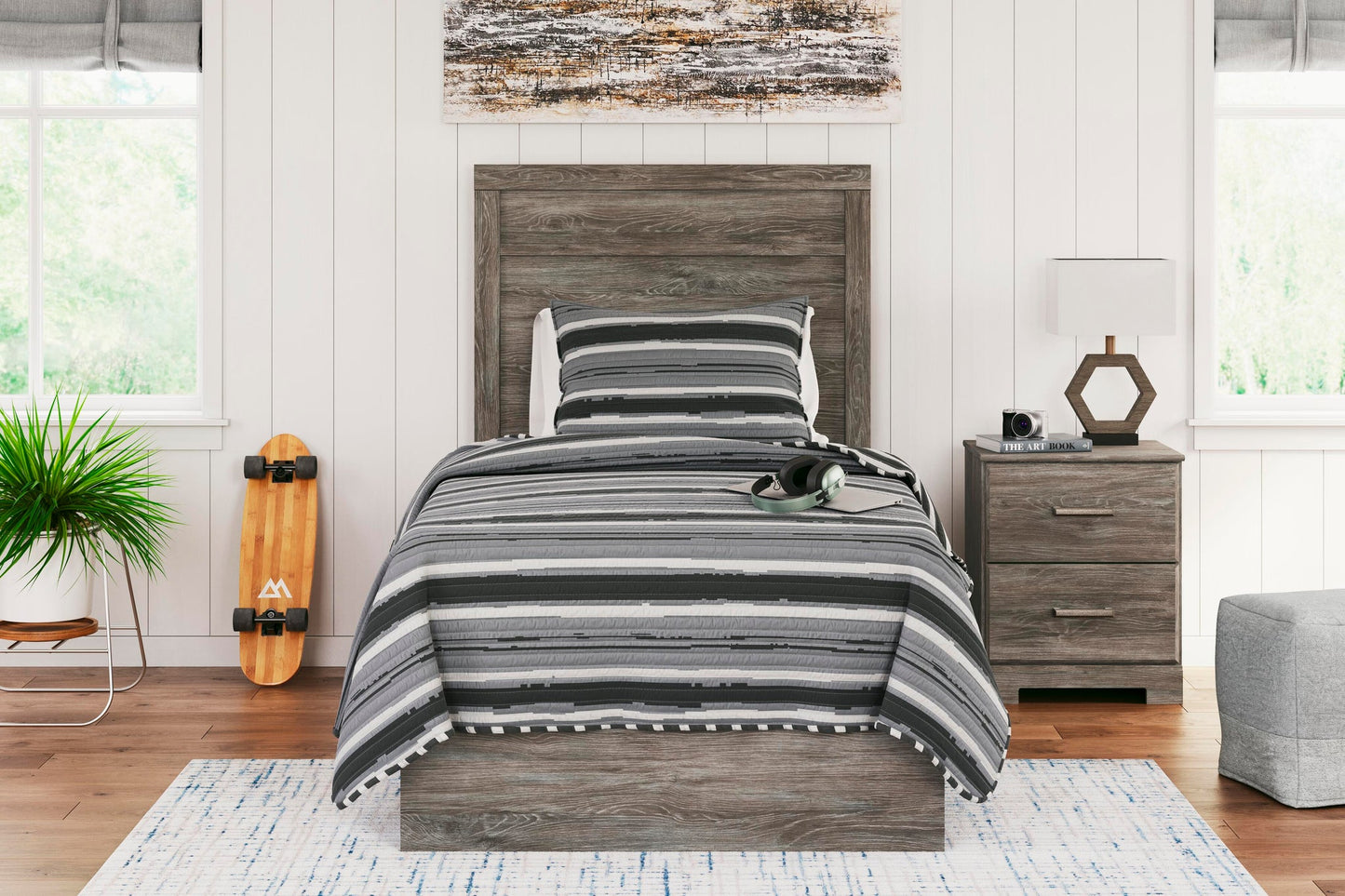 Cama doble Ralinksi con tocador con espejo, cómoda y mesita de noche