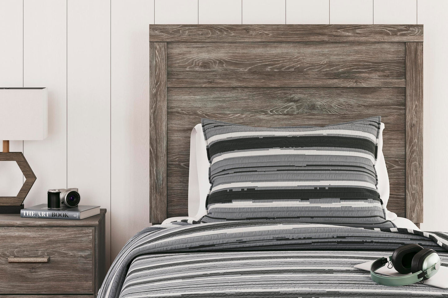 Cama doble Ralinksi con tocador con espejo, cómoda y mesita de noche