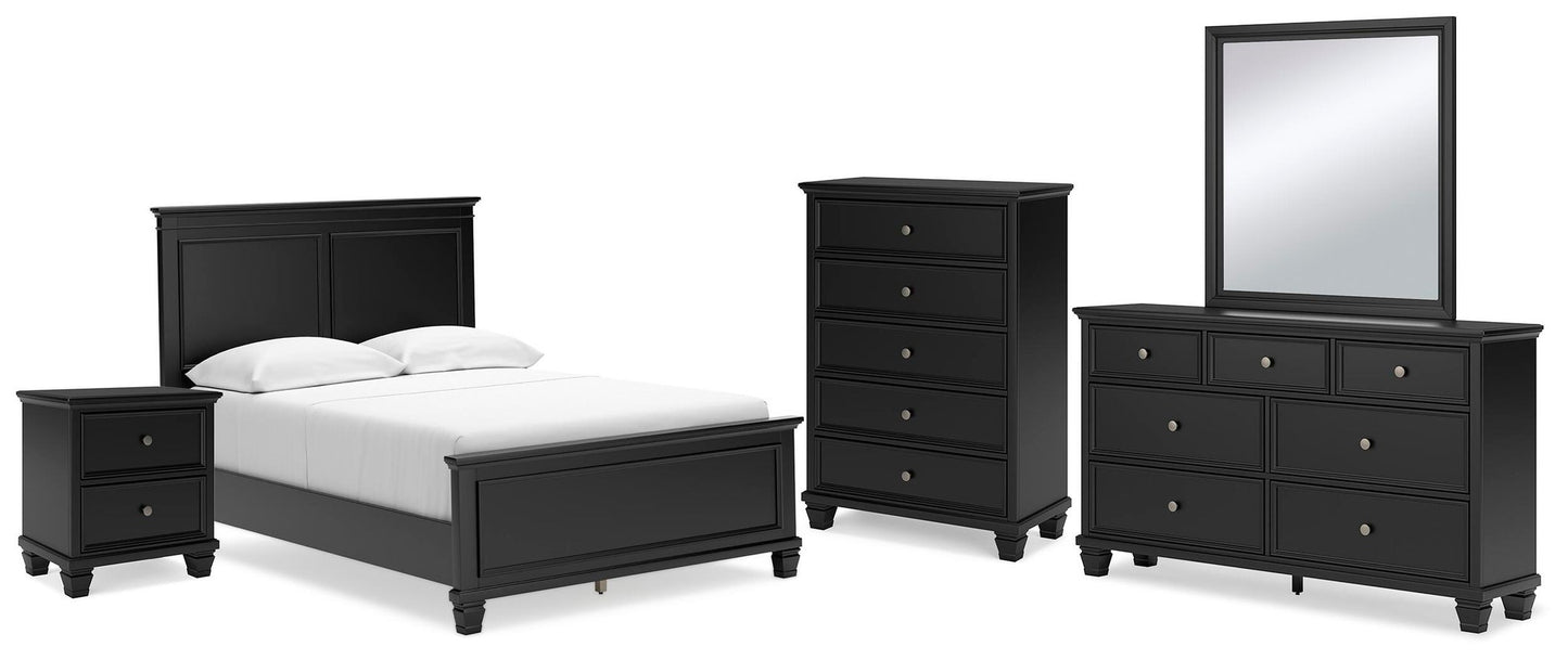 Cama Lanolee de tamaño completo con tocador con espejo, cómoda y mesita de noche