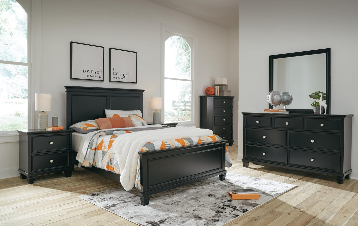 Cama Lanolee de tamaño completo con tocador con espejo, cómoda y mesita de noche