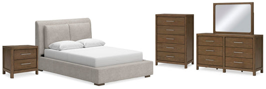 Cama tapizada Cabalynn tamaño Queen con tocador con espejo, cómoda y mesita de noche