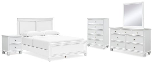 Cama Fortman tamaño Queen con cabecero, tocador con espejo, cómoda y mesita de noche