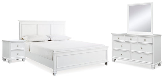 Cama Fortman tamaño king con cabecero, tocador con espejo y mesita de noche