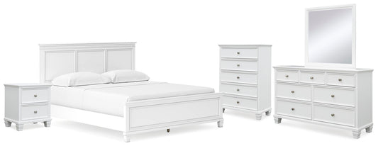 Cama Fortman California King con cabecero, tocador con espejo, cómoda y mesita de noche