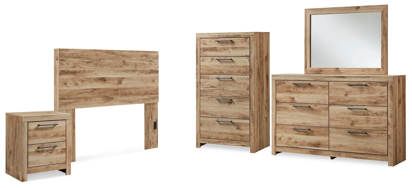 Cabecero Hyanna de panel completo con tocador, cómoda y mesita de noche con espejo