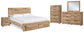 Cama Hyanna Queen con cabecero, tocador con espejo, cómoda y mesita de noche.