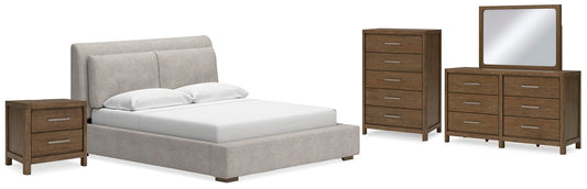 Cama tapizada Cabalynn tamaño California King con tocador con espejo, cómoda y mesita de noche