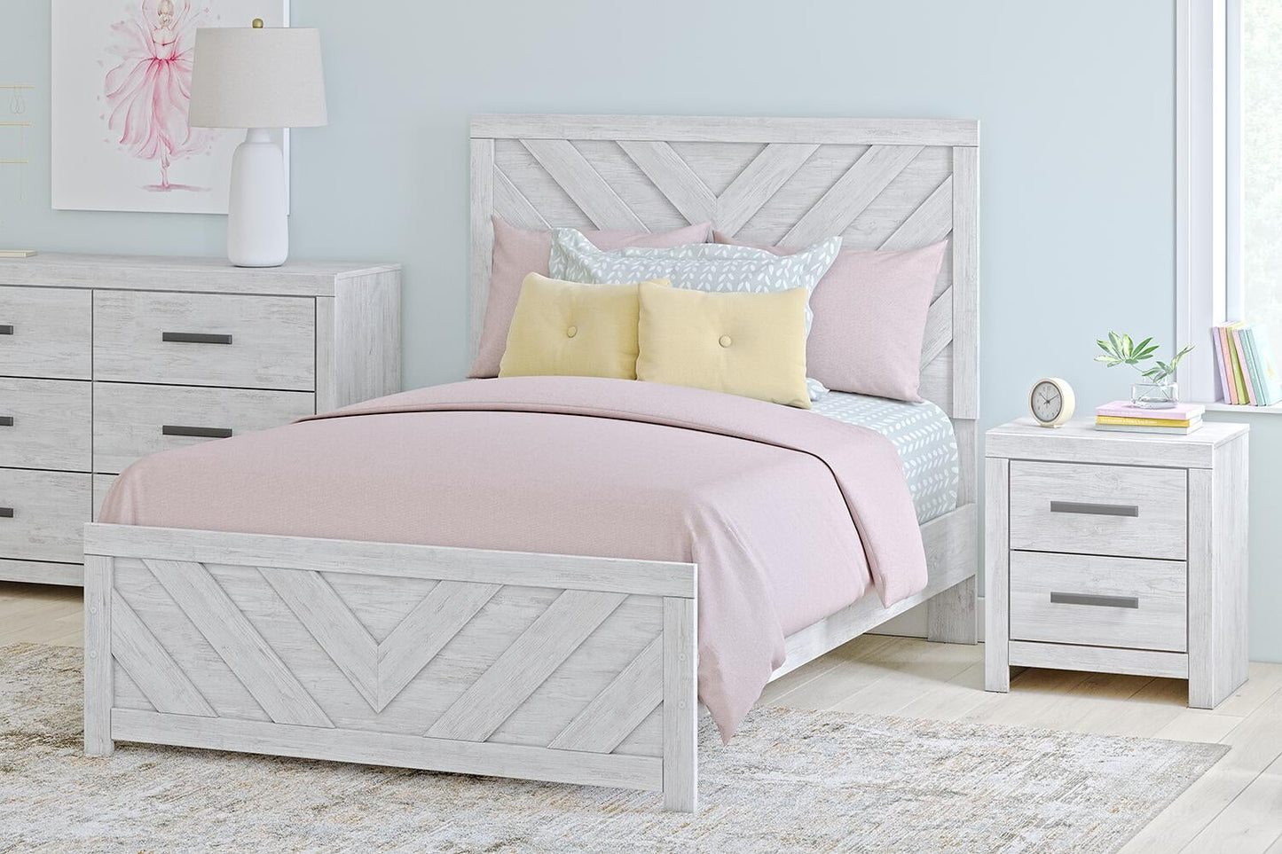 Cama Cayboni de dos camas con cabecero, tocador con espejo, cómoda y mesita de noche